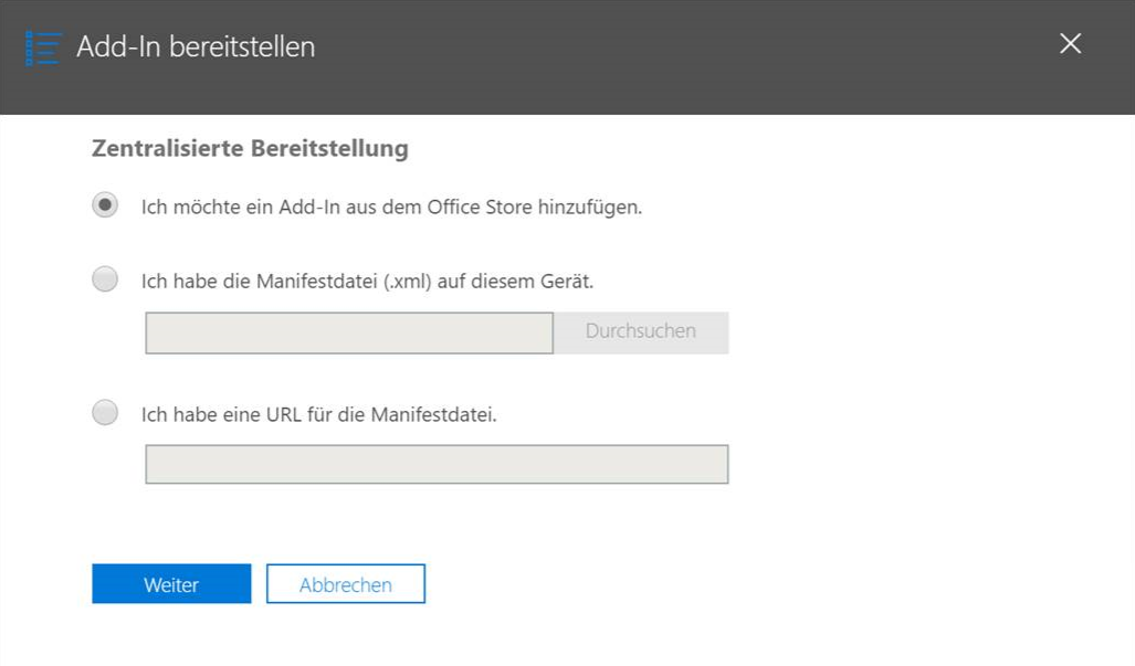 Dialogfeld „Neues Add-In“ im Office 365 Admin Center