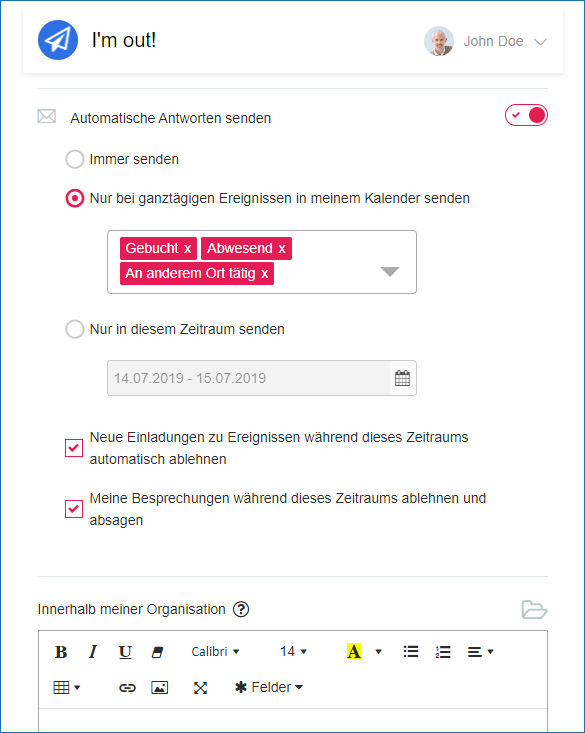 I'm out Termin-Synchronisierung